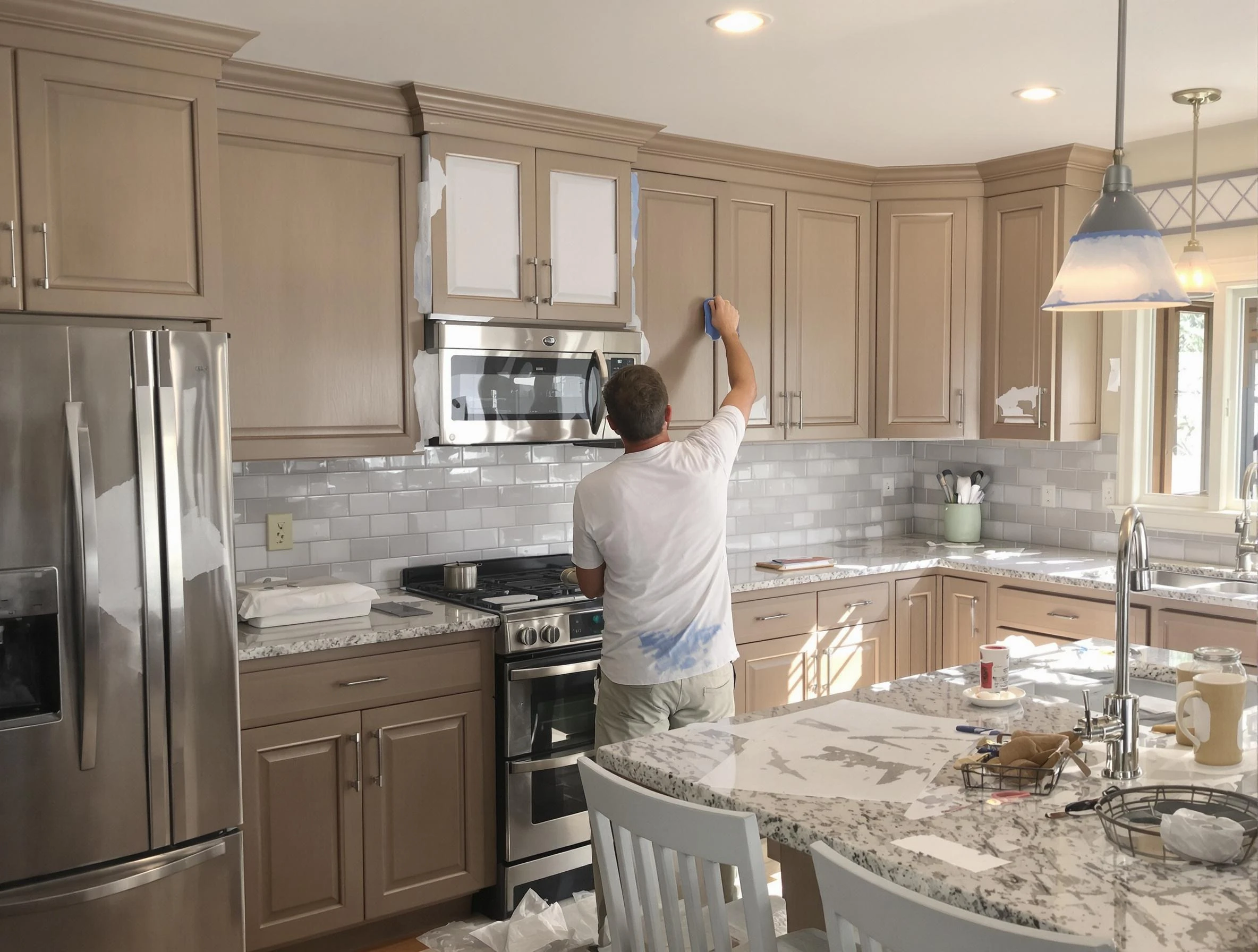 Before-and-after view of kitchen painting by Youngtown House Painters in Youngtown